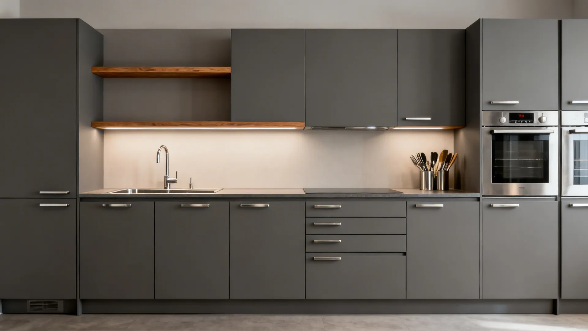 Modern dark grey kitchen cabinets with wooden shelves silver sink oven and warm under cabinet lighting