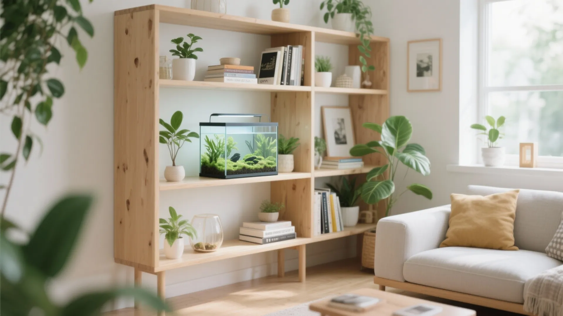 Small nano aquarium integrated within a modern living room shelf