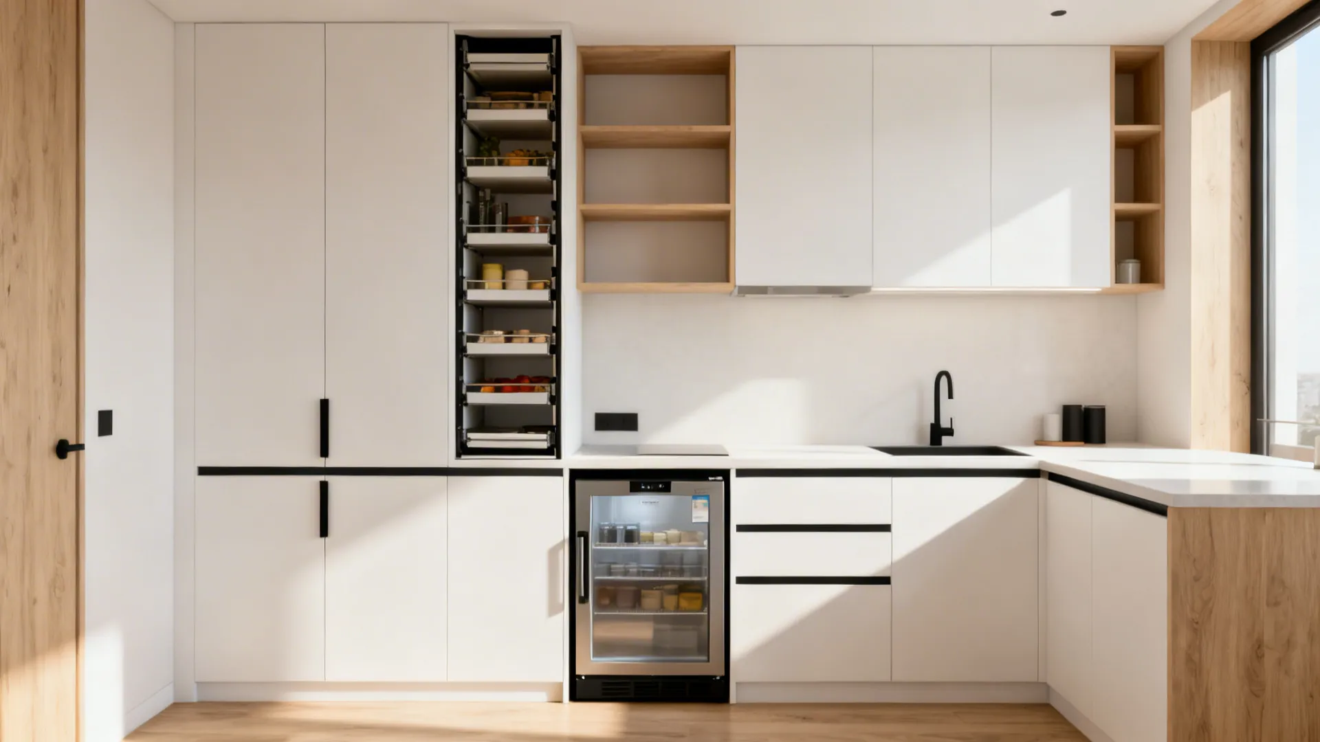 Modern white kitchen featuring pull out pantry storage small wine fridge and wood open shelves