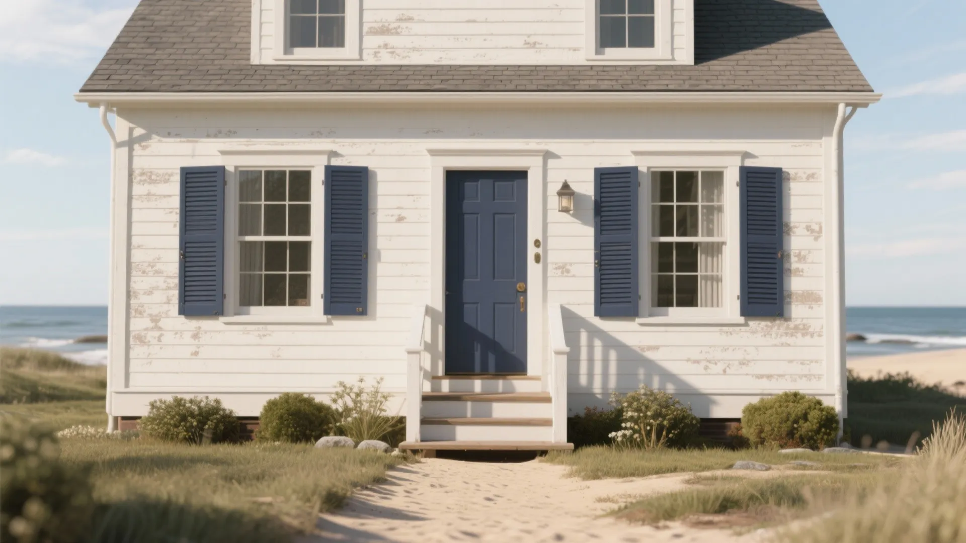 1. Classic Nantucket: Soft White with Deep Navy Trim