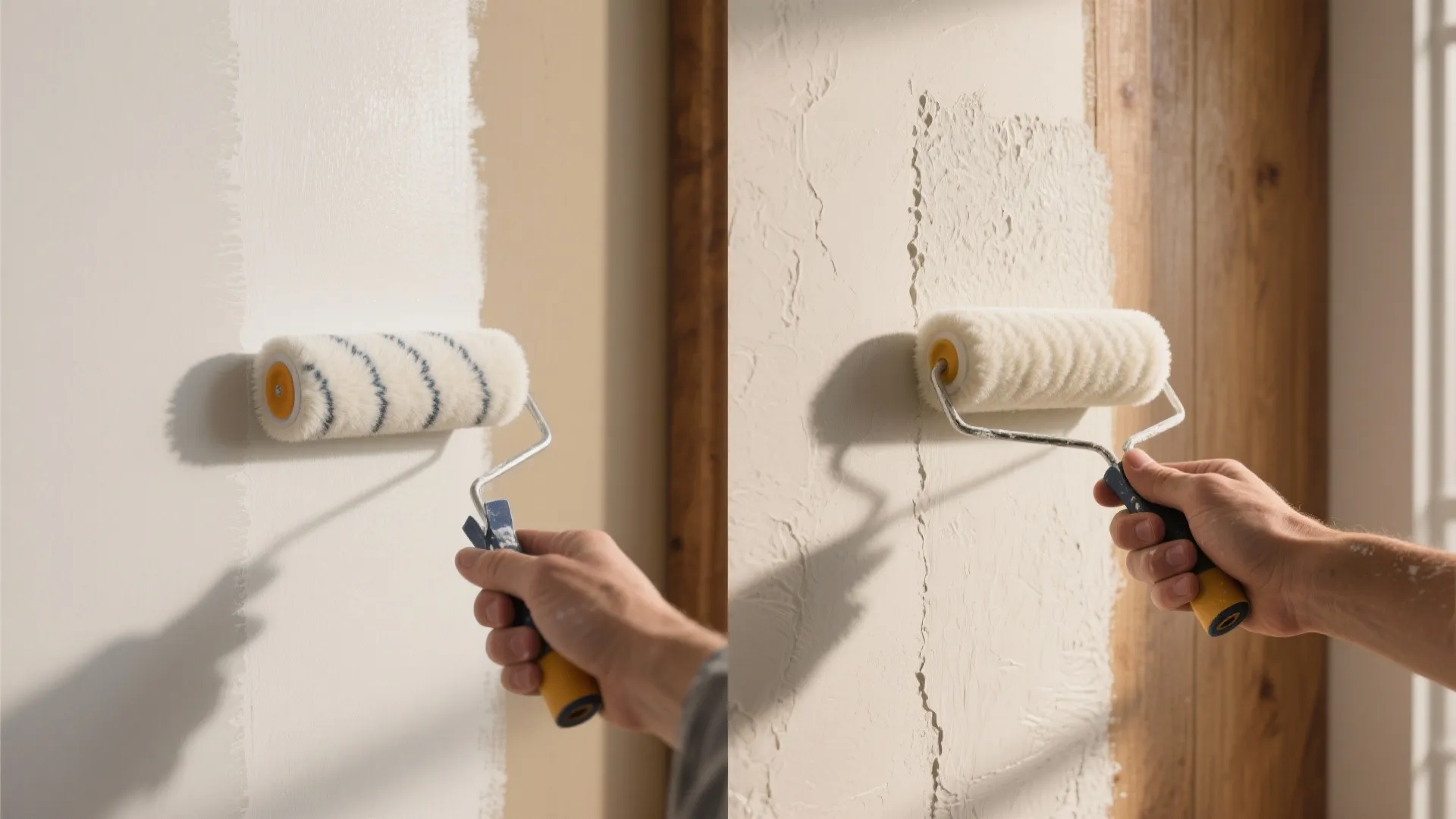 Side by side comparison of smooth paint application versus textured finish using different paint rollers