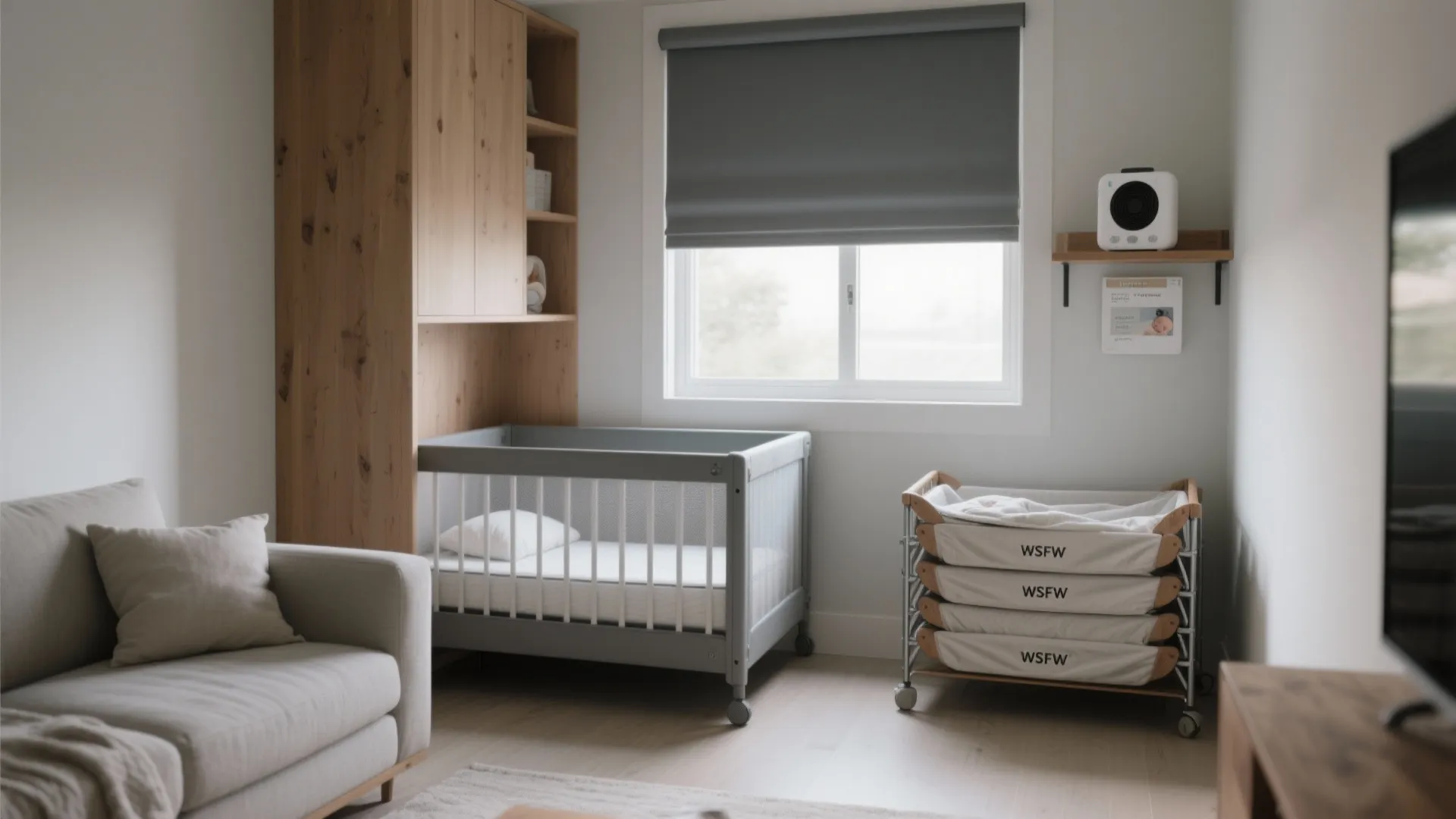 Modern nursery room featuring a grey baby cot wooden wardrobe grey sofa and large window