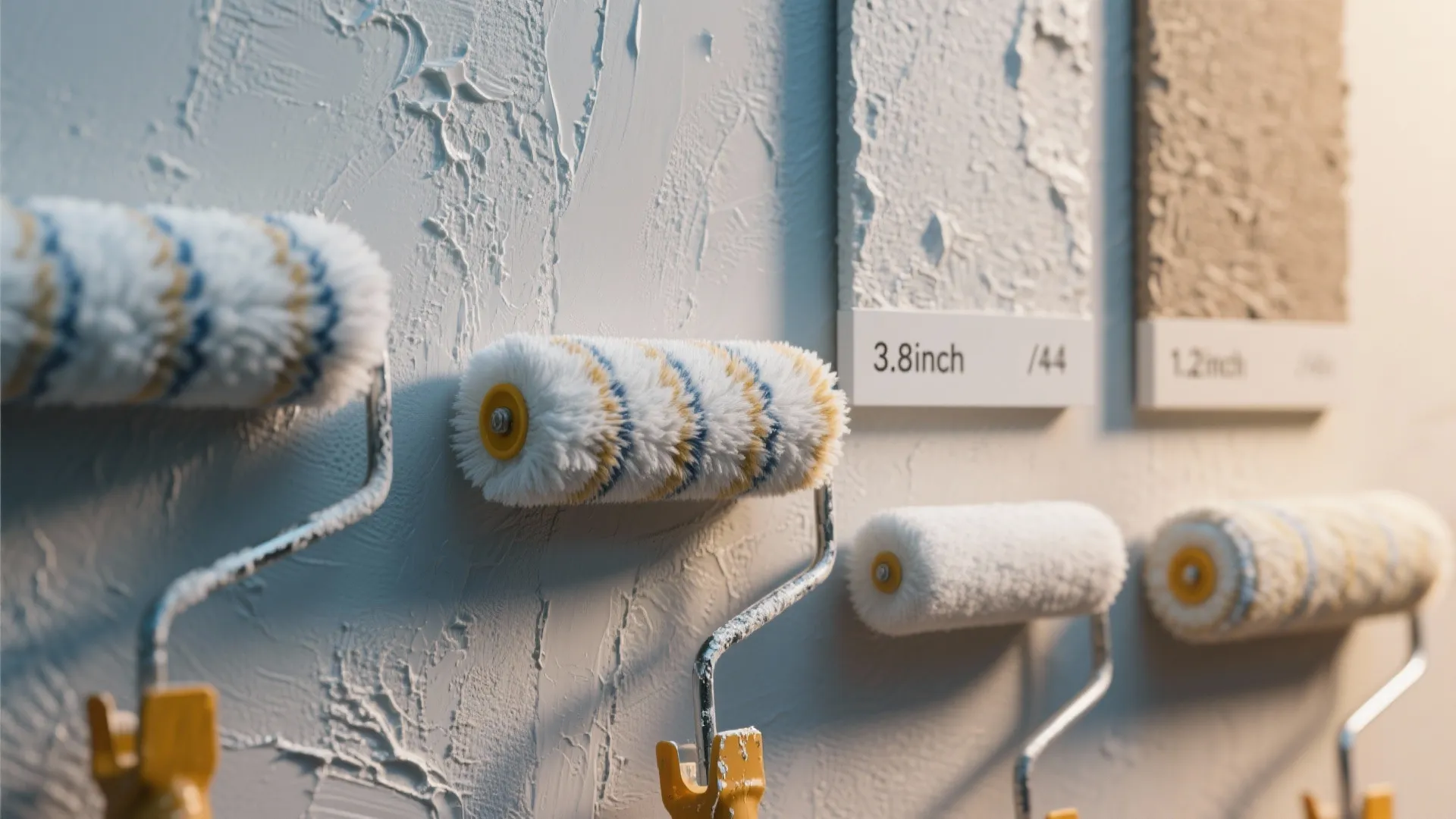Close up of paint rollers applying different textures on a white wall for home renovation