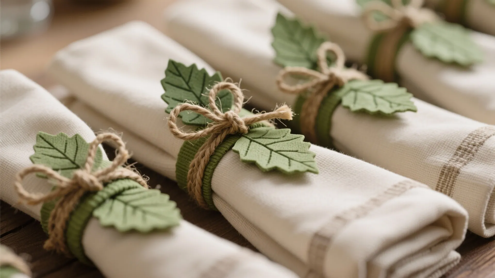 Handmade napkin rings made of ribbon, twine and faux leaves placed on folded cloth napkins.