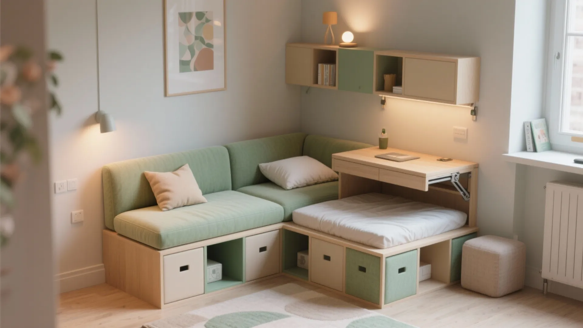 Cozy corner nook featuring green sofa wood storage boxes and a pull out wooden desk