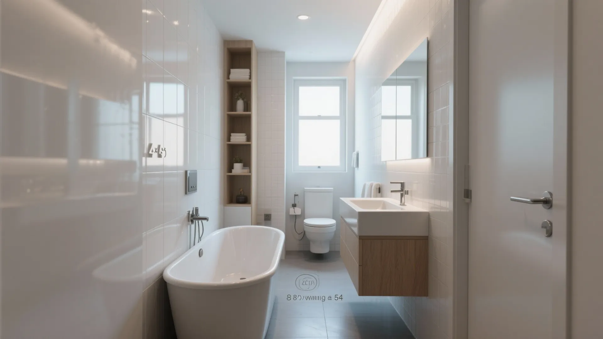 Narrow white bathroom layout featuring a freestanding bathtub wooden cabinet toilet and a tall shelf