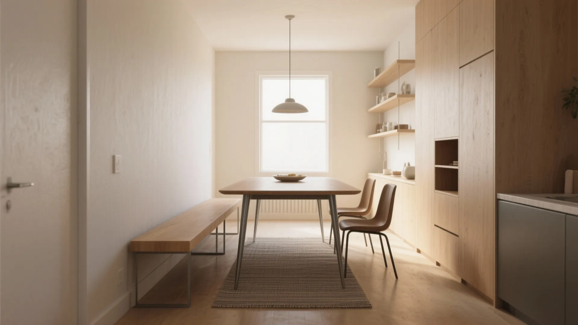 Minimalist dining area with long wooden bench wooden table two chairs ceiling light and wall shelves