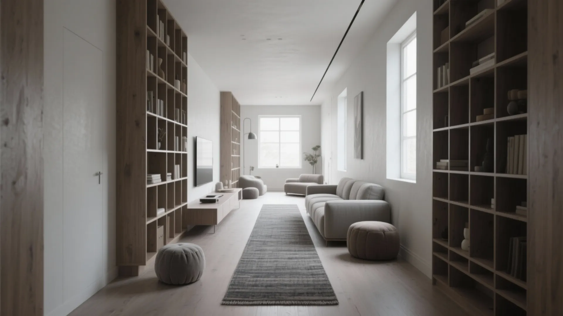 Narrow living room with tall wooden bookshelves grey sofa floor rug windows and round grey footrests
