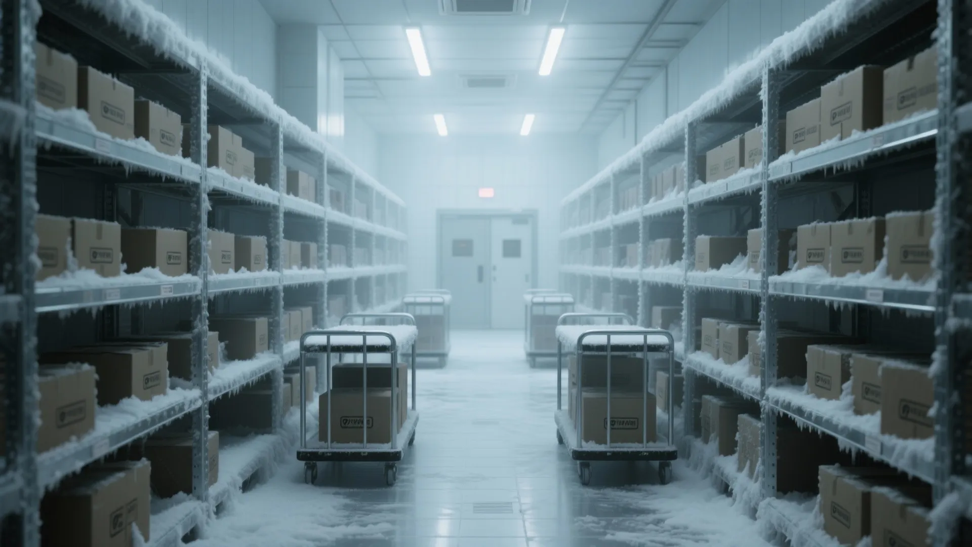 Slim trolley moving through narrow freezer aisles