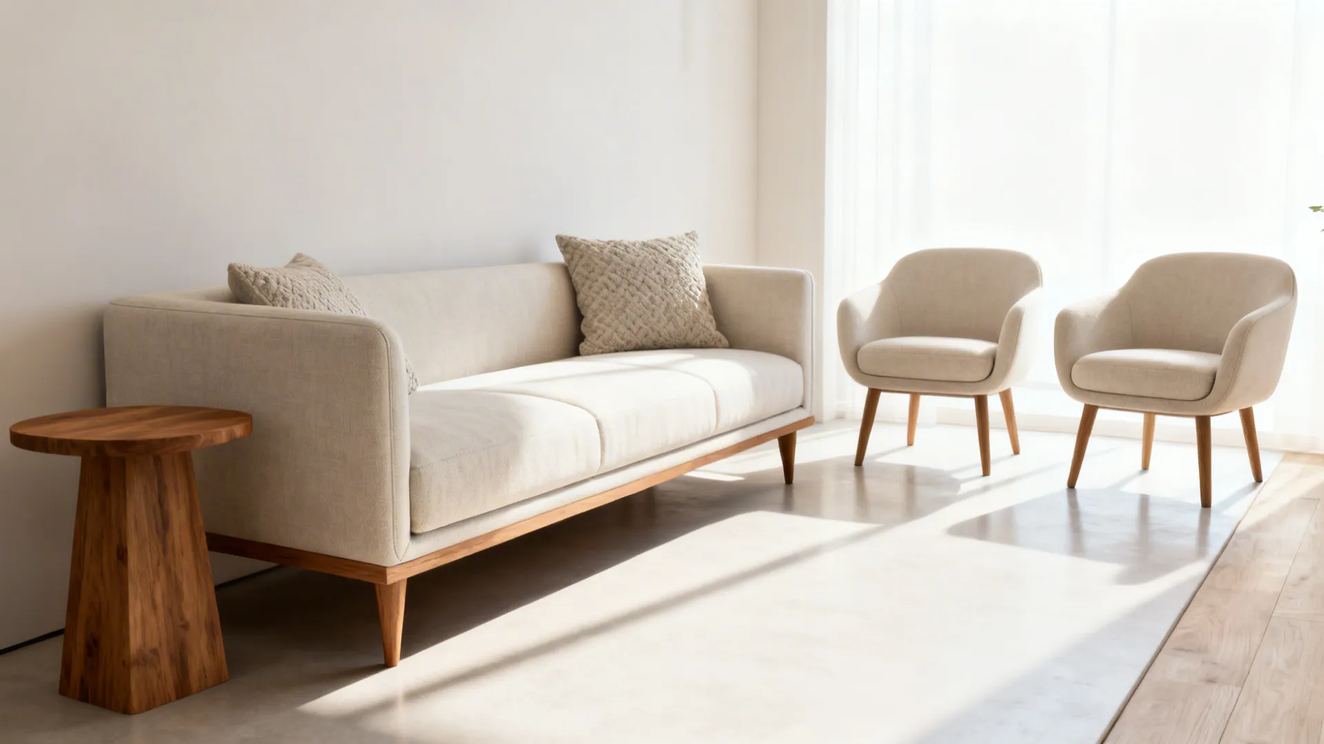 Narrow-arm loveseat paired with compact chairs keeping walkways clear in a small living room.