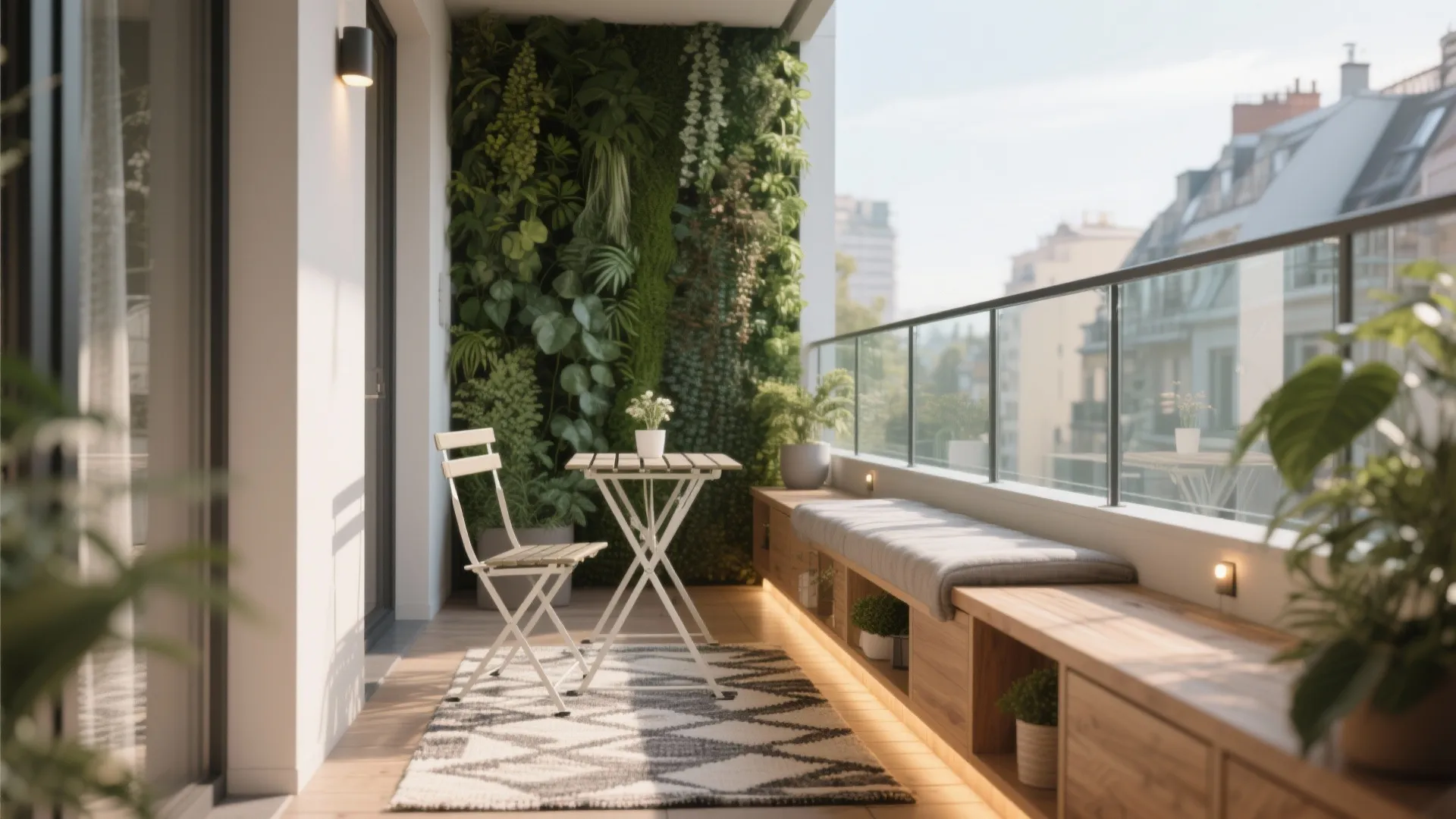 Narrow balcony with green wall small white table chair patterned rug and wooden storage bench