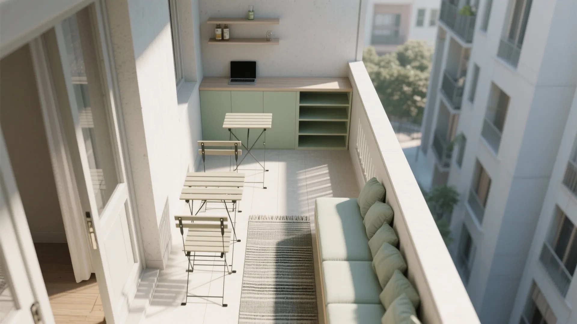 Narrow balcony with a green cabinet, laptop, folding tables, chairs, and a long cushioned seating