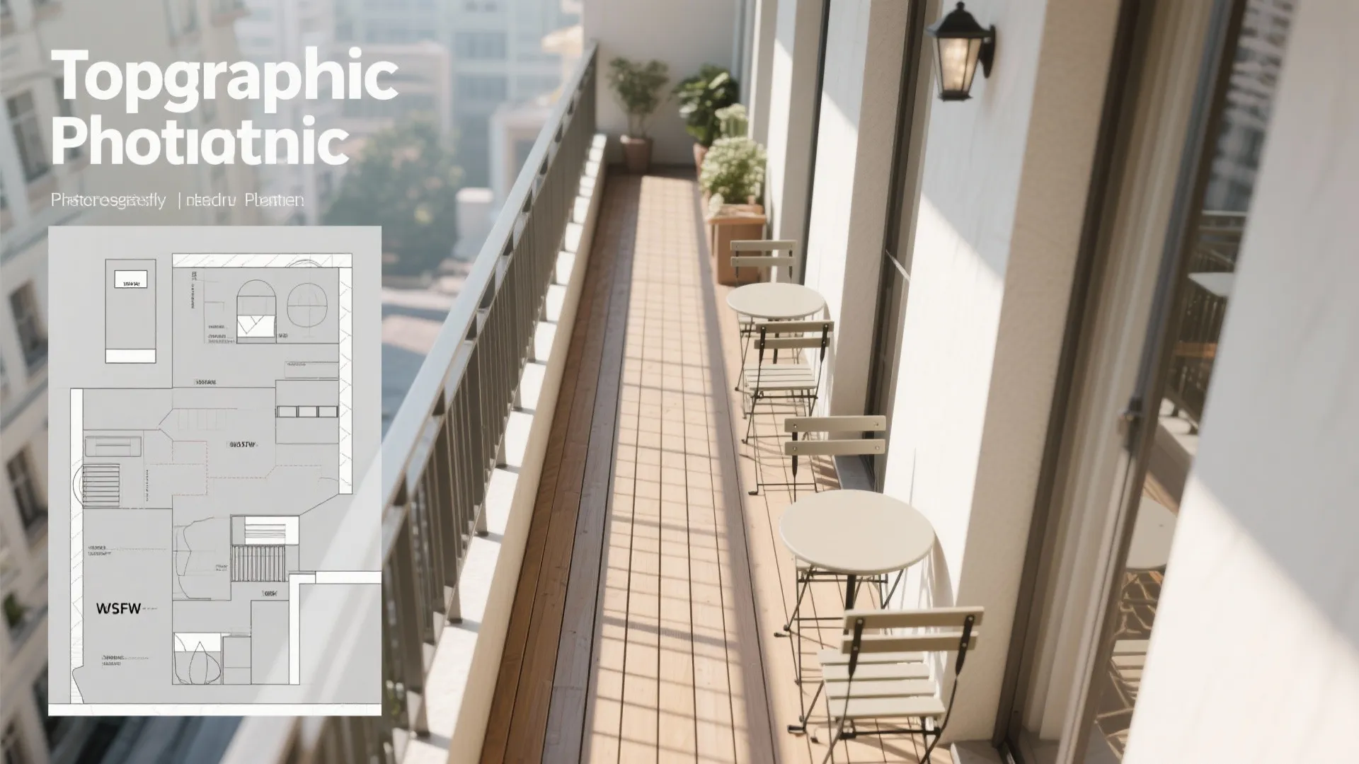 Top-down layout of a narrow balcony with lengthwise flooring and furniture to one side for clear flow.