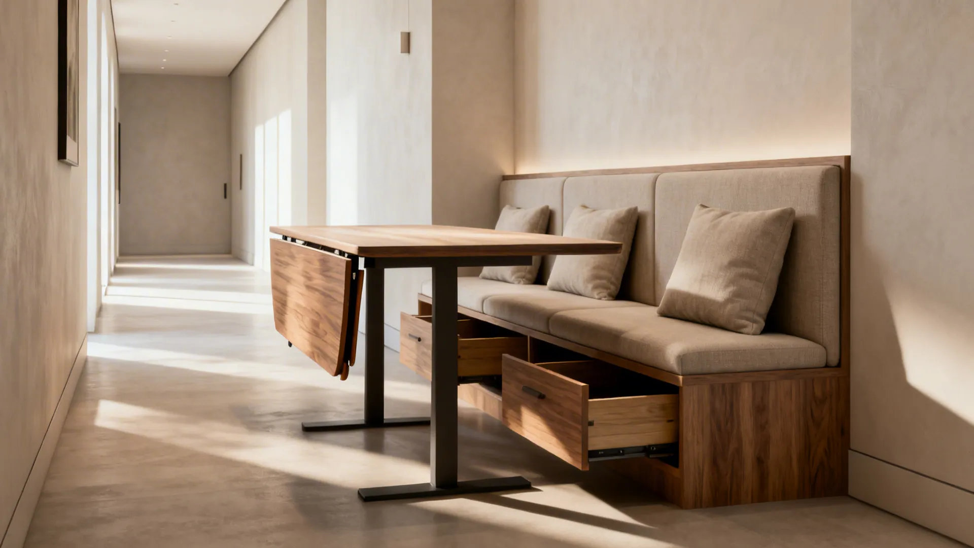 Modern hallway dining area with wooden bench storage drawers folding table and soft beige wall cushions