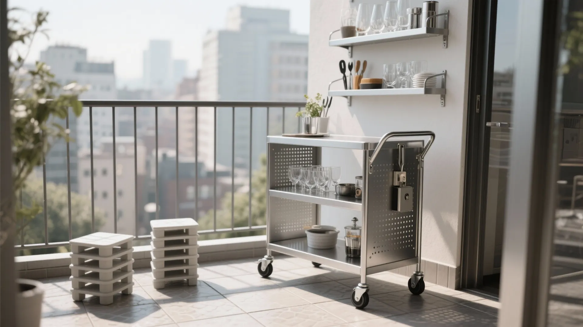 Narrow Bar Cart + Modular Stools