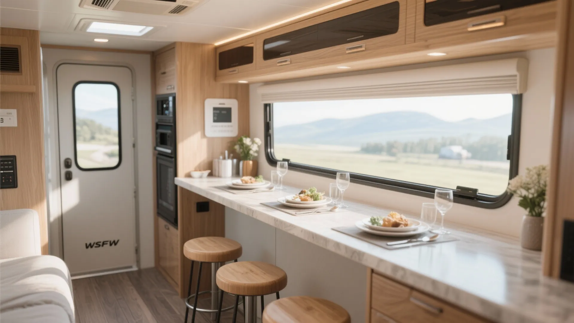 Camper van interior showing a narrow bar counter with wooden stools by a large window