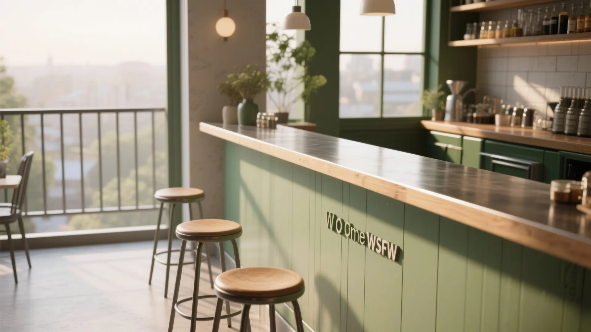 Green kitchen bar counter with wooden top and three stools near a balcony with sunlight