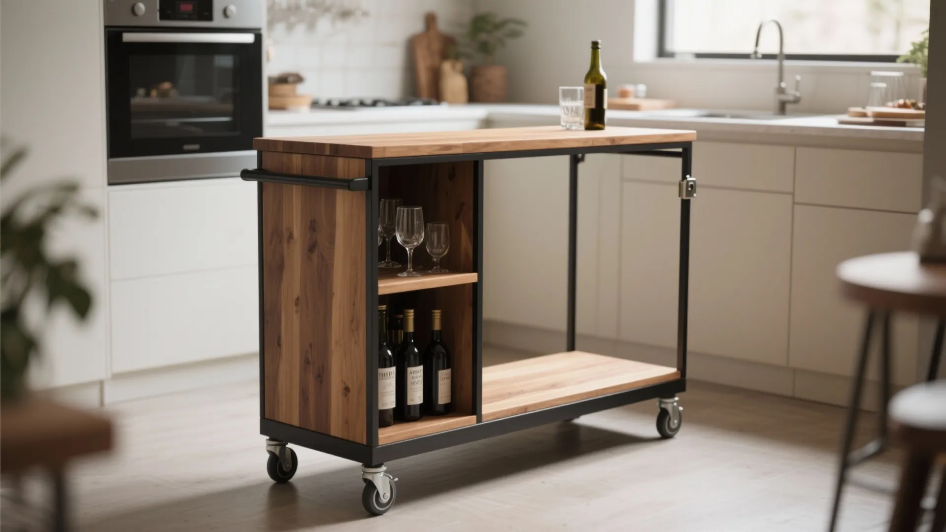 Slim bar island on lockable casters with a butcher-block top and open shelving in a compact kitchen.