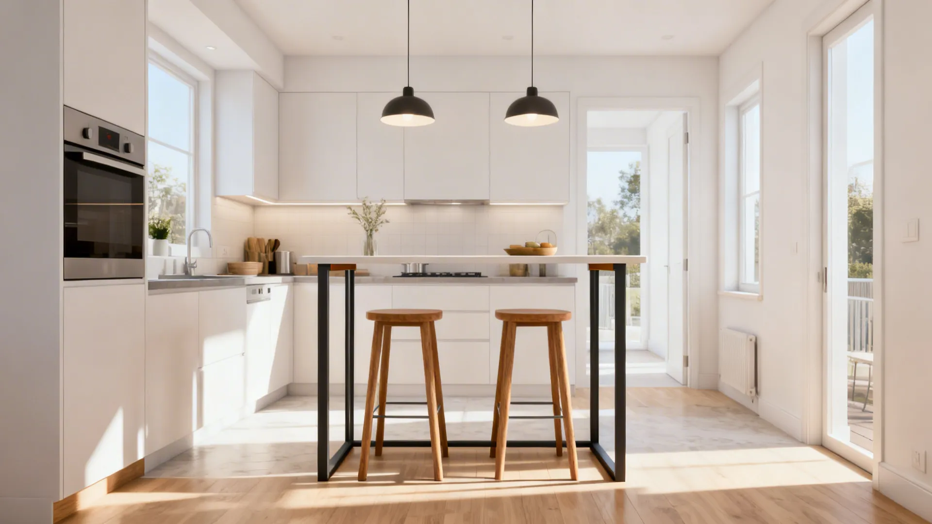 Narrow tall bar island with open legs and two stools in a bright compact kitchen