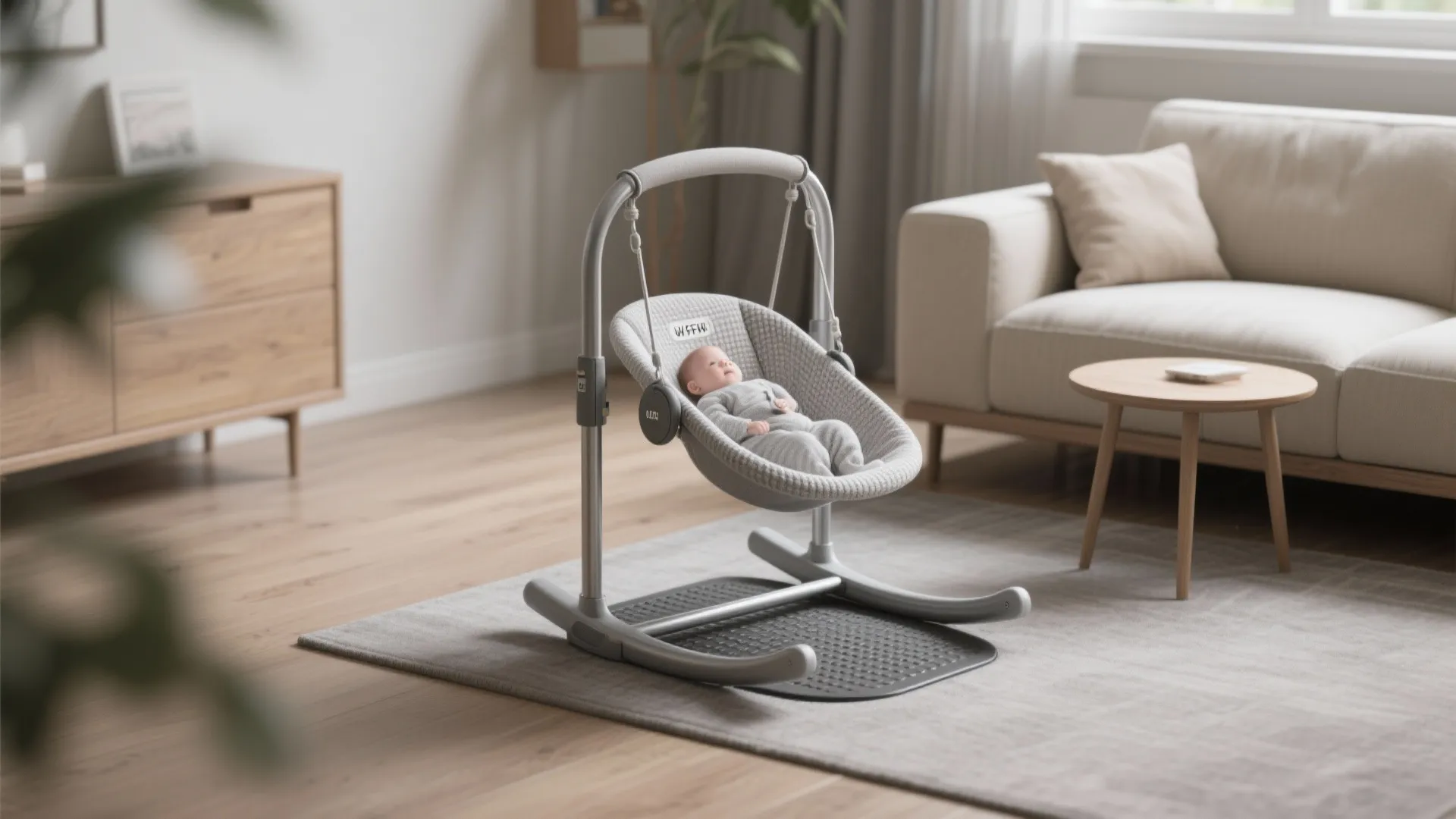 Neutral living room featuring grey baby rocker on rug beside cream sofa and wood table