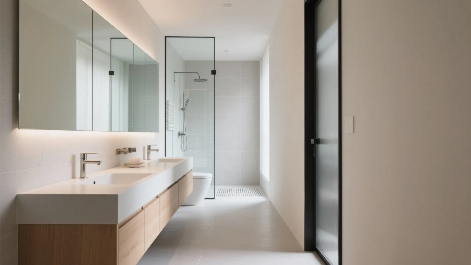 Modern narrow bathroom with double sinks wooden cabinet glass shower door white walls and natural lighting