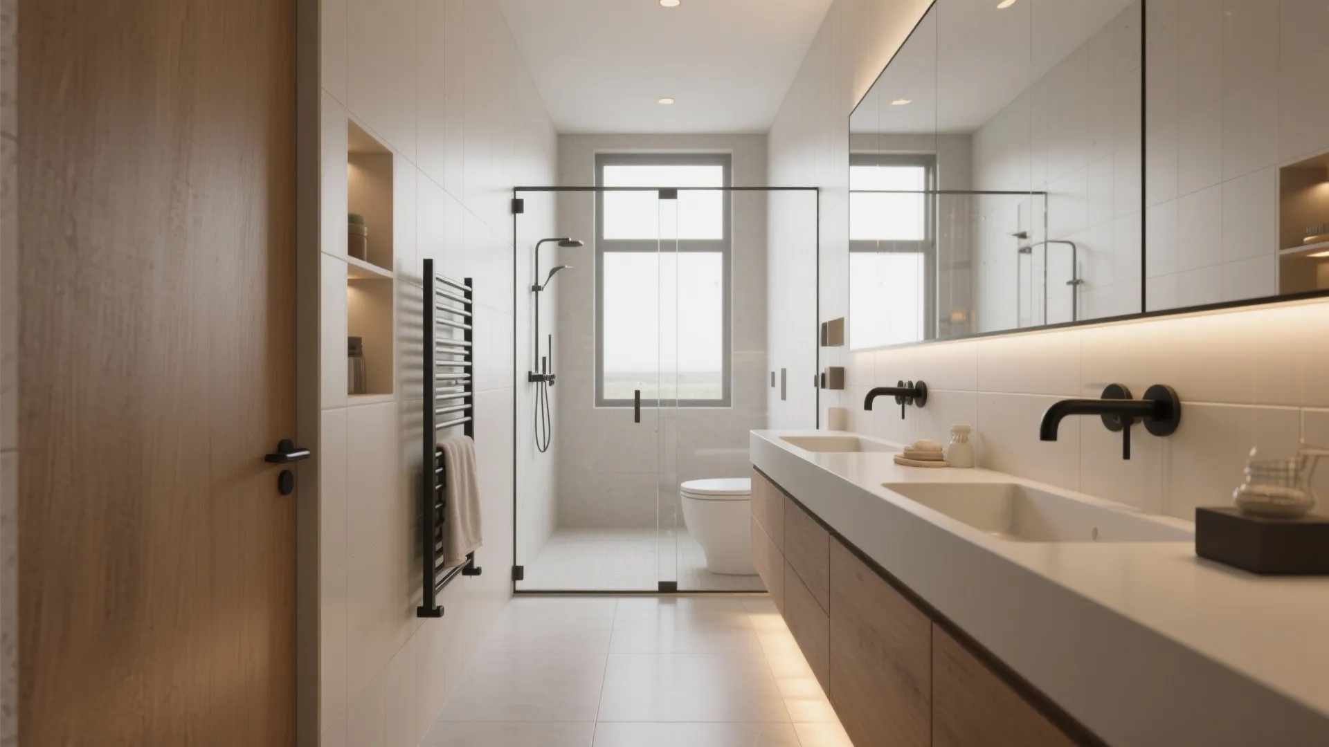 Modern long bathroom with double sinks wooden cabinet glass shower door white toilet and bright window