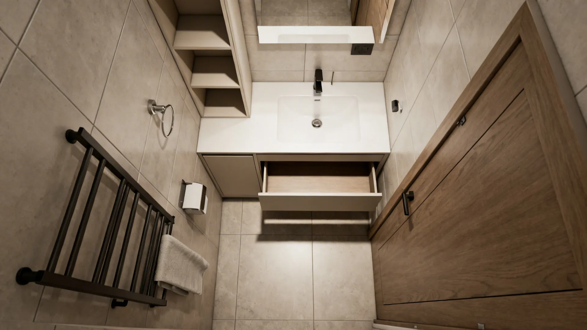 Top-down layout diagram of a narrow bathroom showing recommended storage zones and clearances.