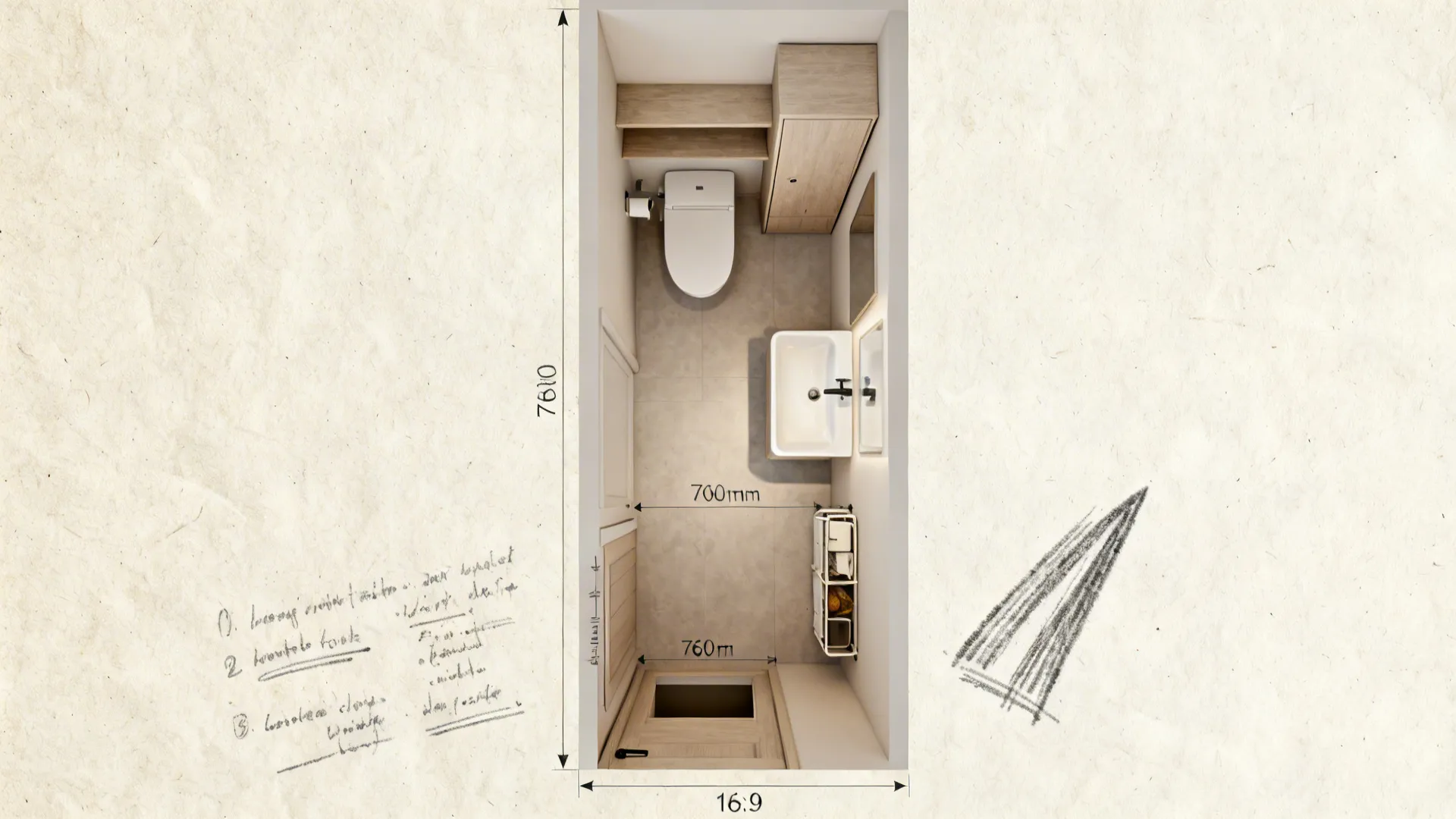 Top view of a narrow bathroom layout with a toilet sink and wood storage cabinet