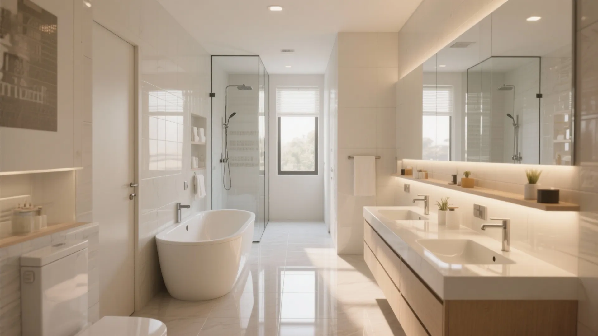 Spacious luxury bathroom with freestanding bathtub double sink vanity large mirror glass shower and warm lighting