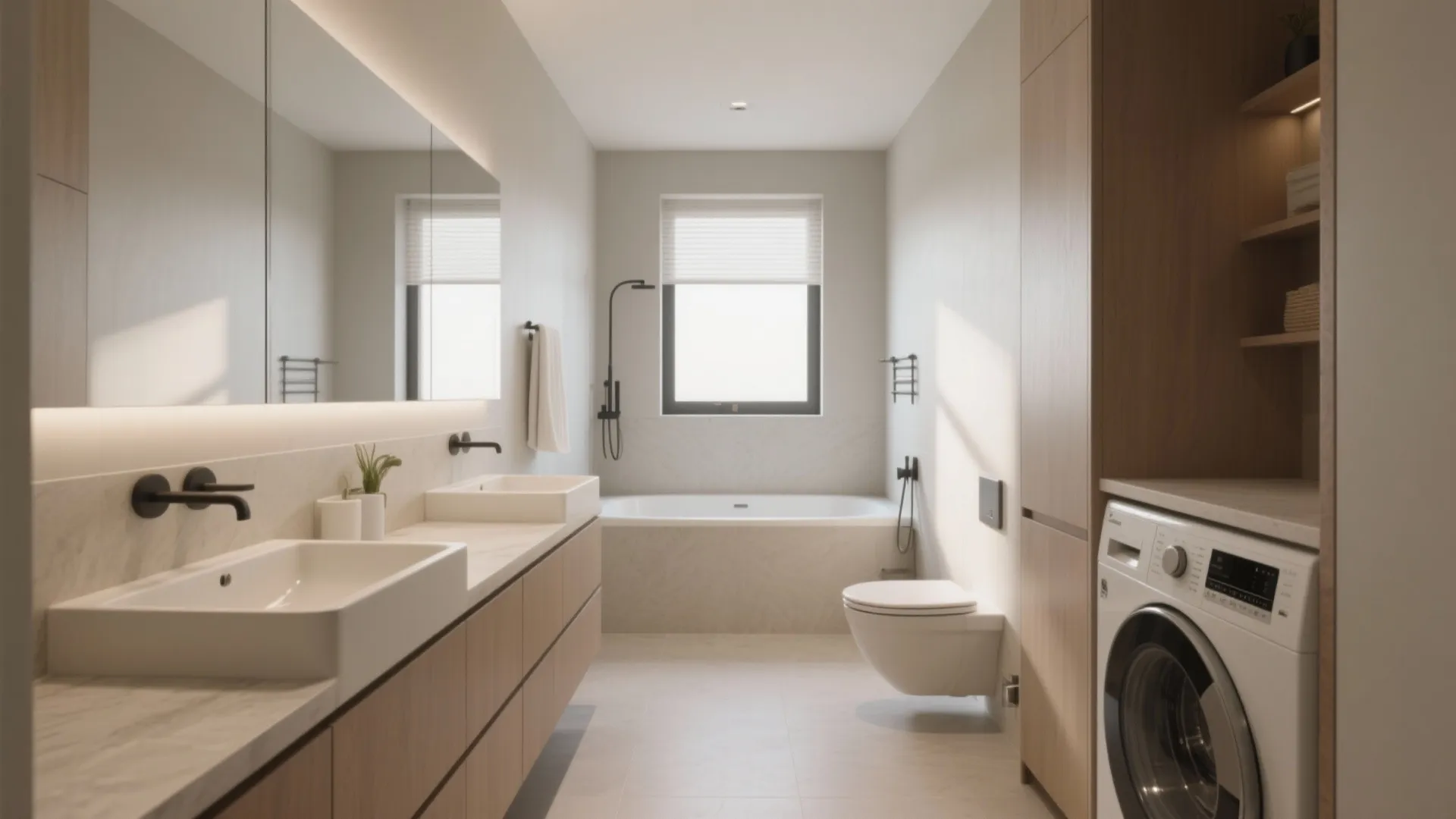 Modern bathroom with double sinks, large mirror, bathtub, toilet, and washing machine inside wood cabinets