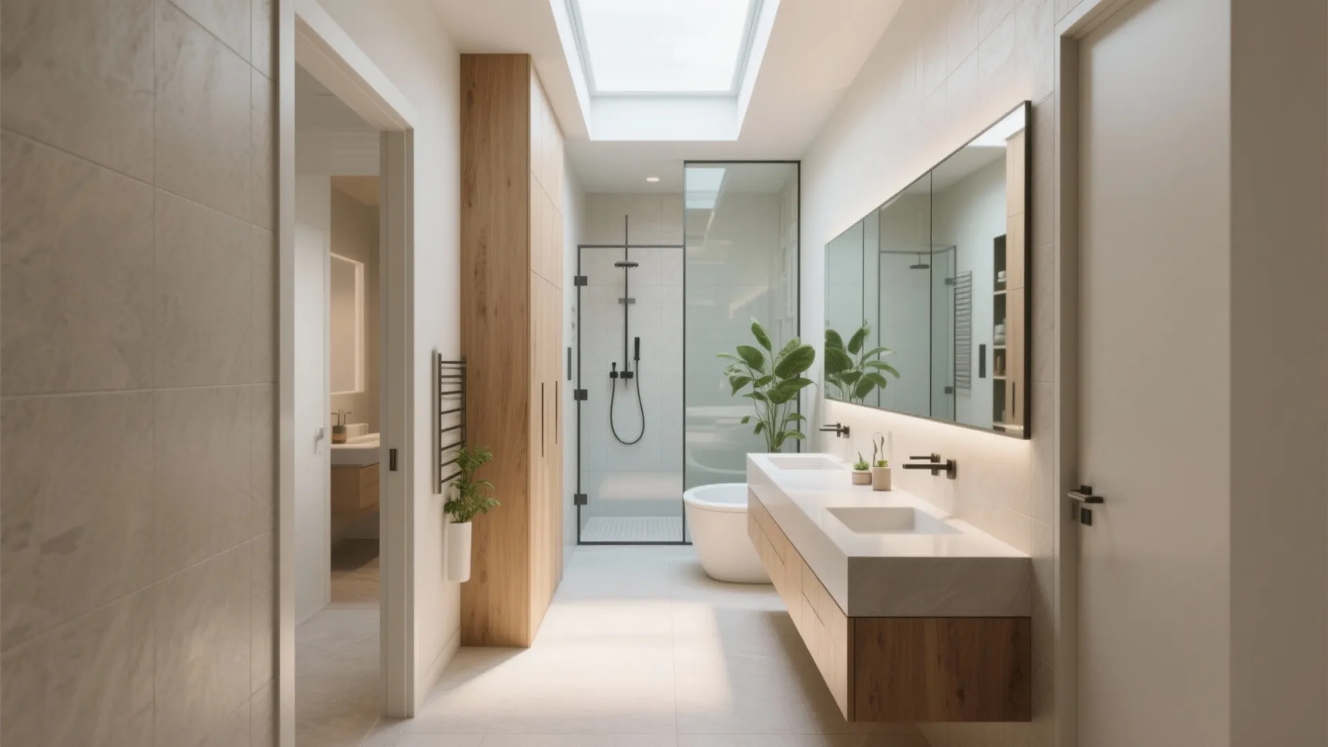 Long bathroom layout with double sink wooden cabinet large mirror glass shower and bright roof window