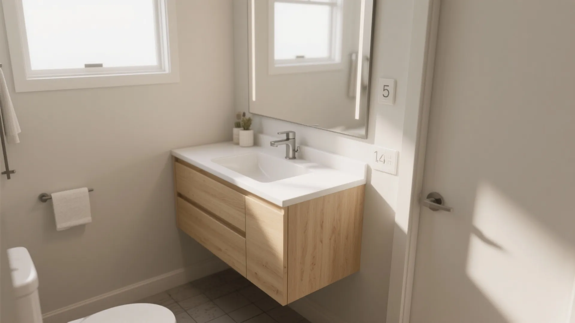 Small bathroom featuring wooden floating cabinet white sink large mirror towel rack and white toilet