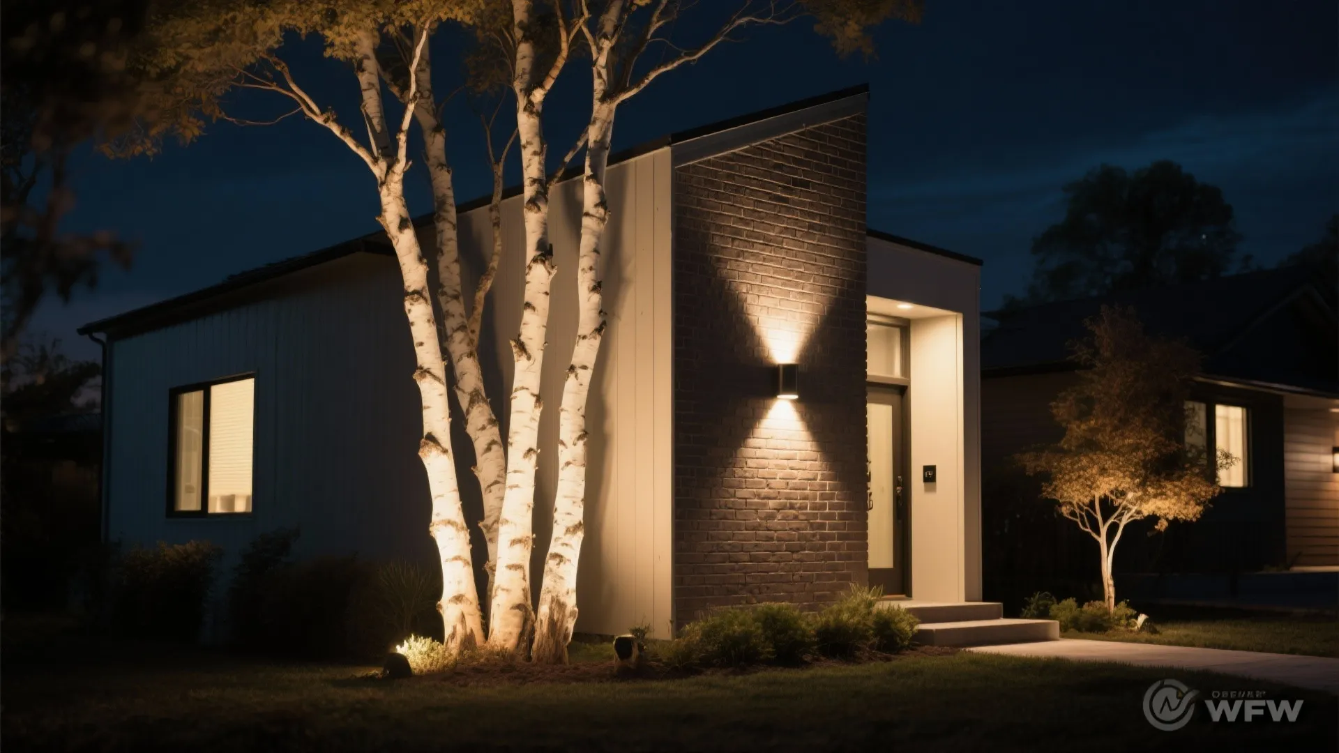 Compact facade with birch trees illuminated by narrow-beam uplights with controlled spill.