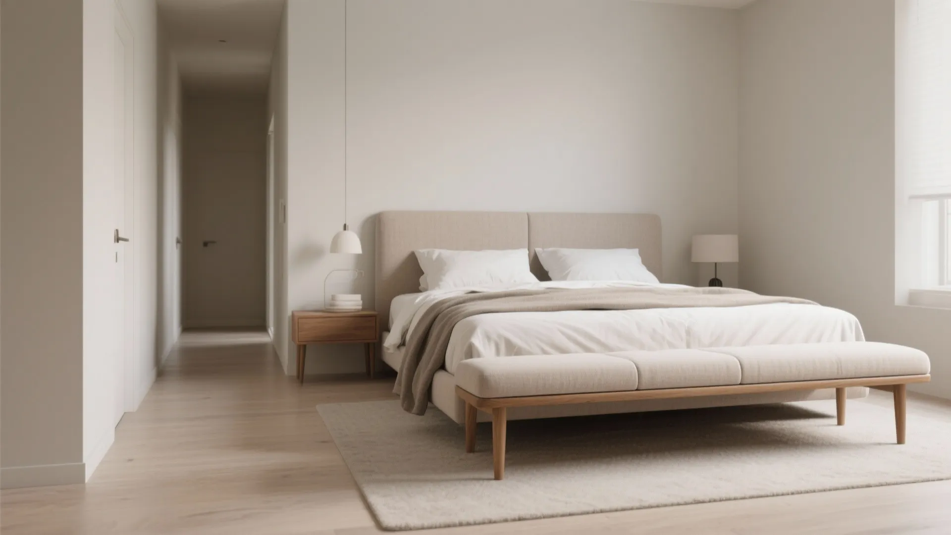 Minimalist bedroom design featuring a beige bed with matching footrest wooden side table and white walls