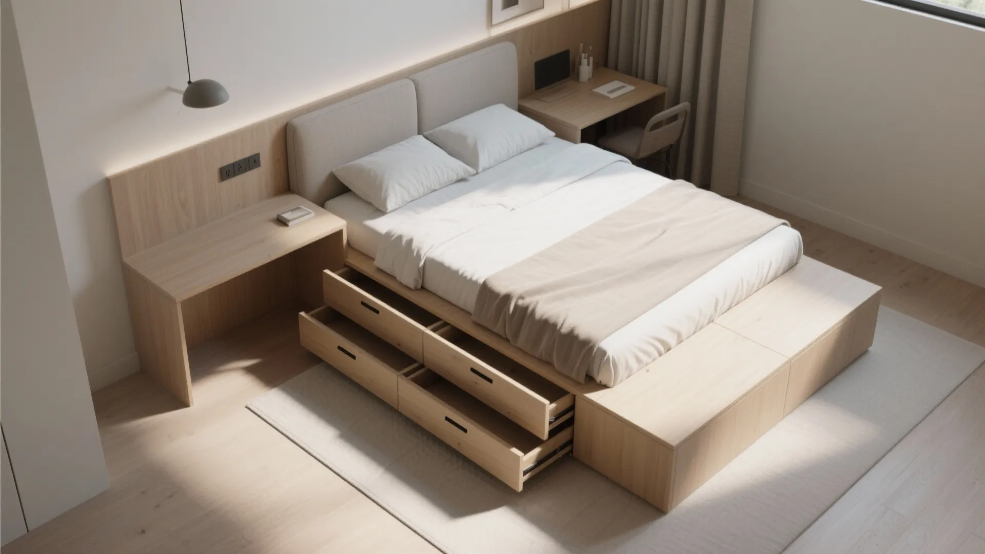 Top-down view of a narrow custom bed with side drawers and a headboard desk showing layout and clearances.