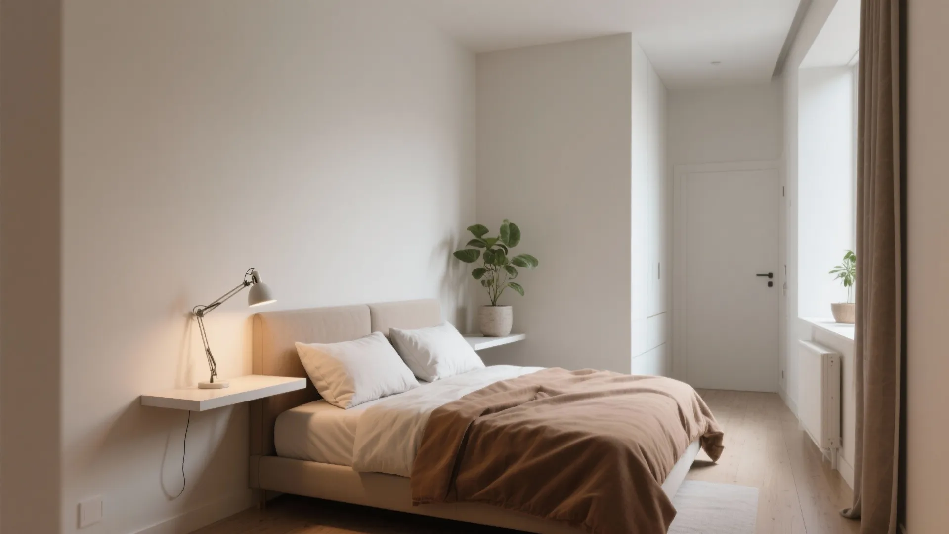 Minimalist bedroom with white walls cozy bed brown blanket small floating shelves and green plant