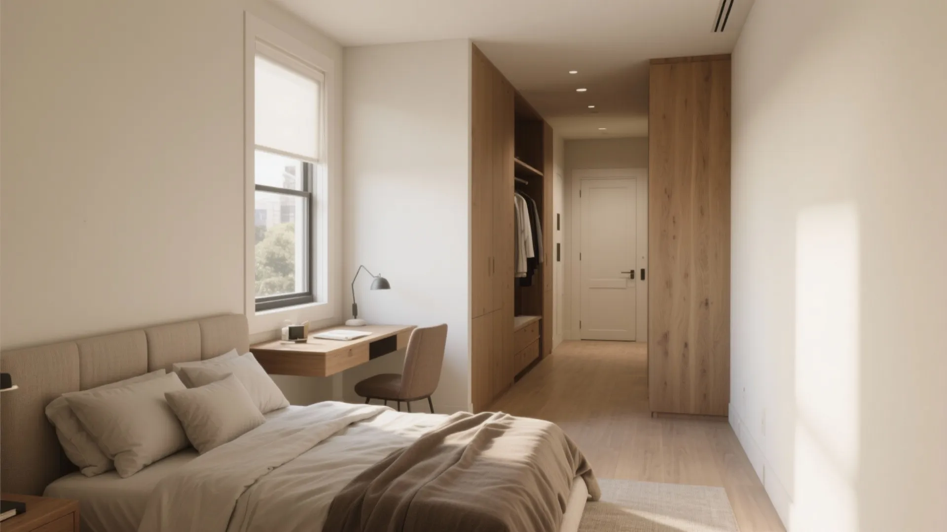 Narrow bedroom featuring a double bed wooden desk with chair and large built-in wooden wardrobe