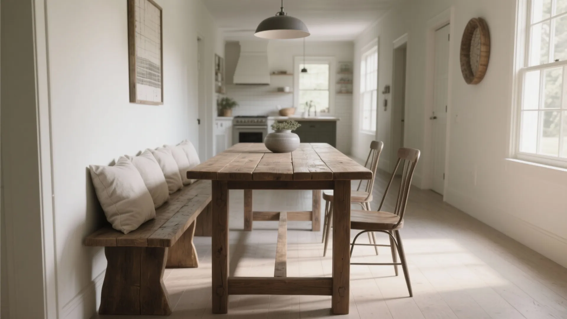 Long wooden dining table with a wooden bench and chairs in a bright modern kitchen