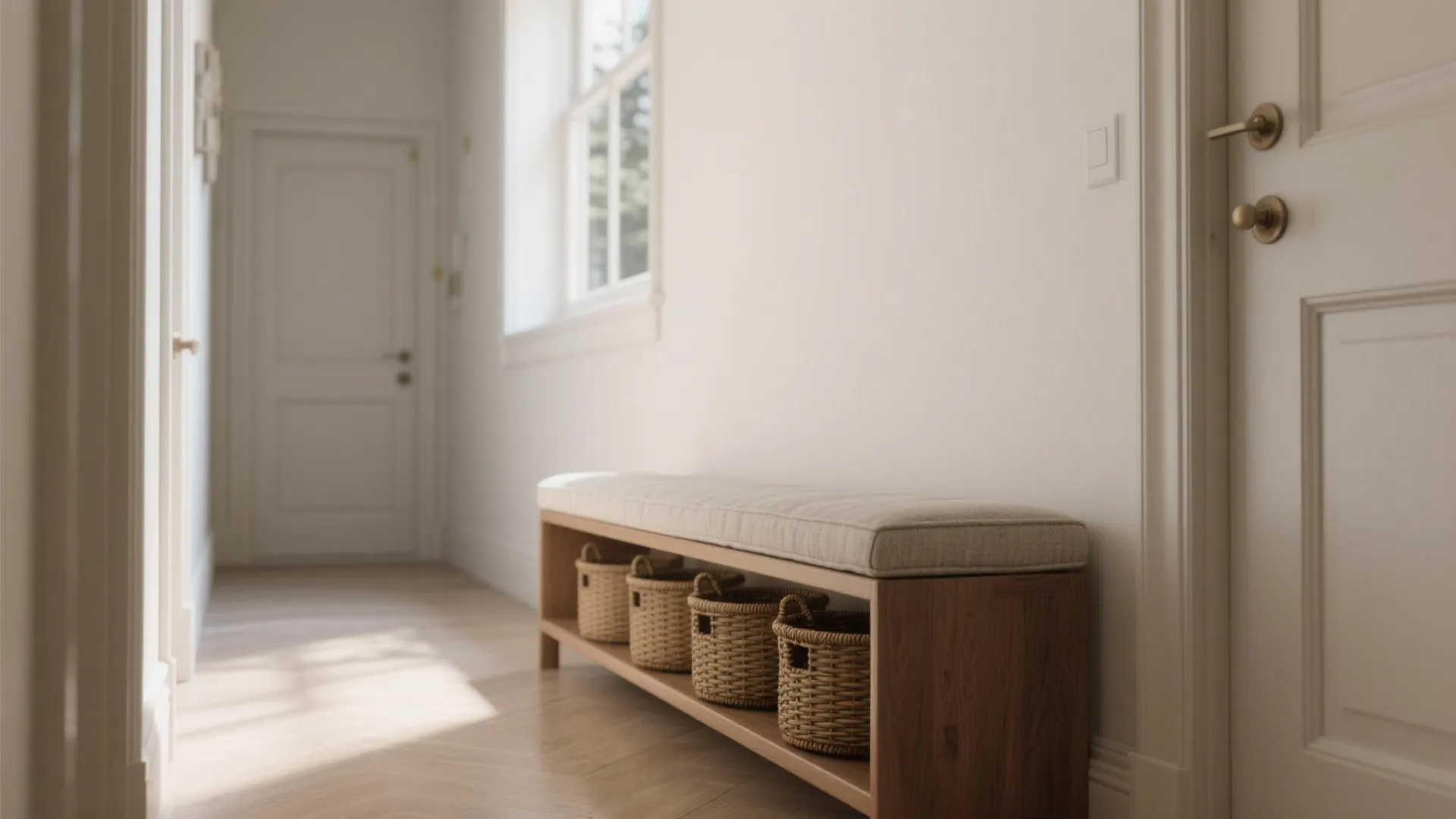 Slim bench-ottoman in a hallway with a bottom shelf for baskets, showing shallow depth and clear circulation.