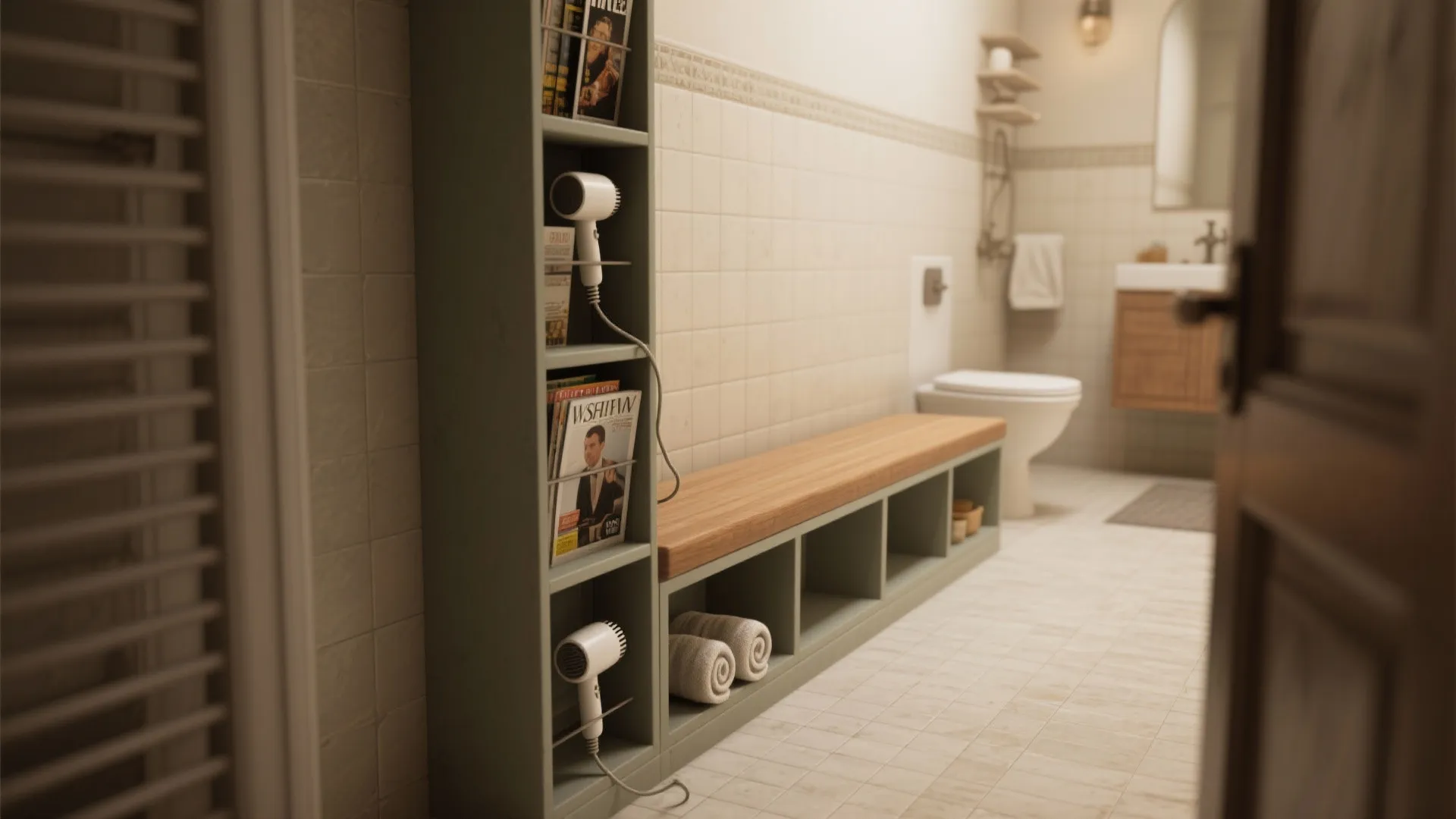 4. Narrow bench with vertical cubbies