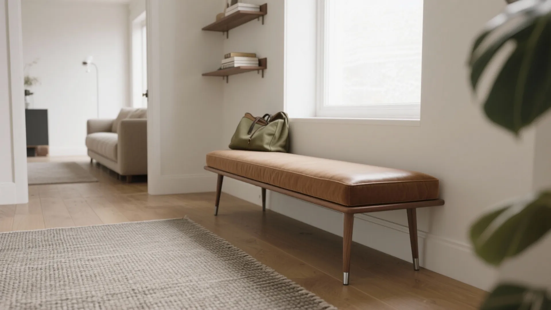 Minimalist hallway with brown leather bench, green bag, wooden floor, large window, and grey rug