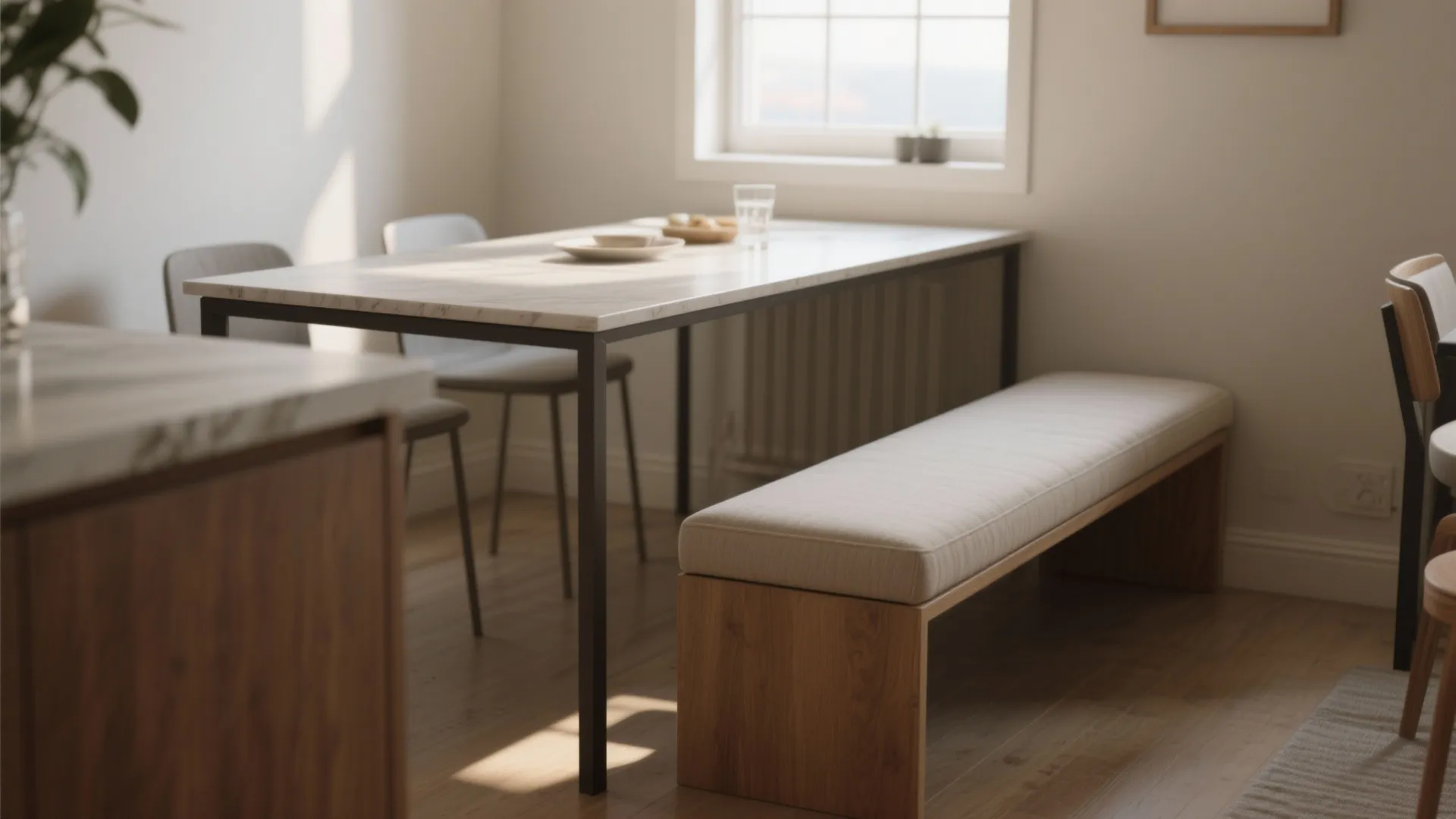 Marble top dining table with narrow wooden bench and grey chairs in bright sunlit room layout