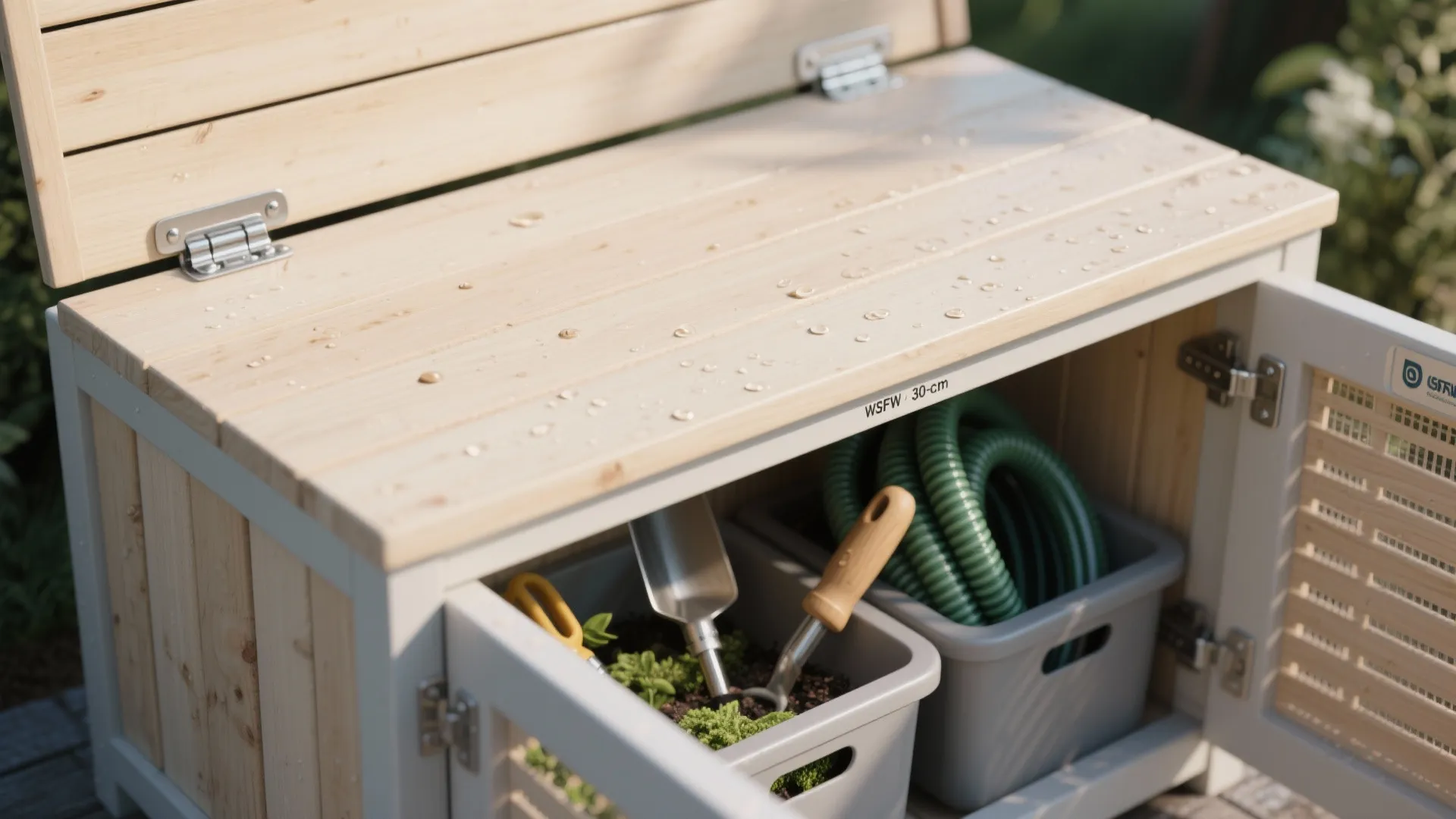 3) Narrow bench storage with UV-safe cushion locker