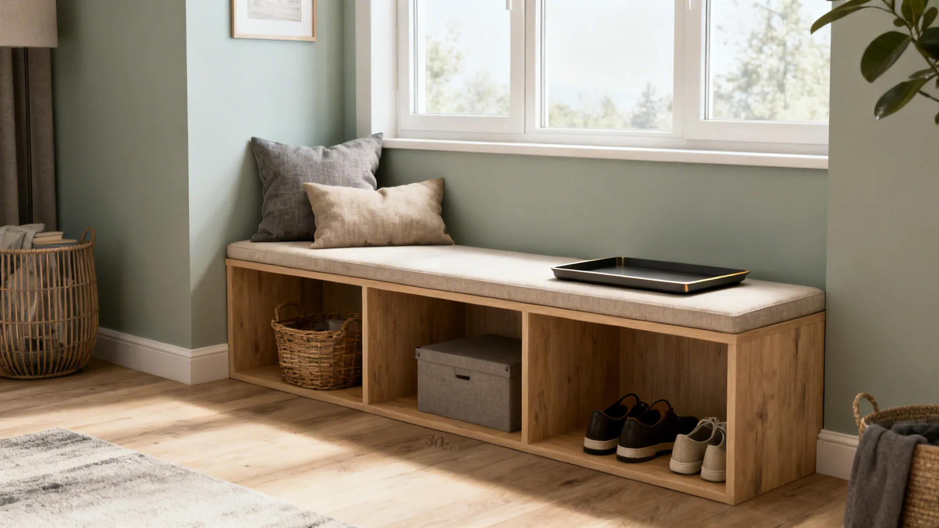 Narrow bench under a window with hidden storage and cushions, maximizing seating in a small space.