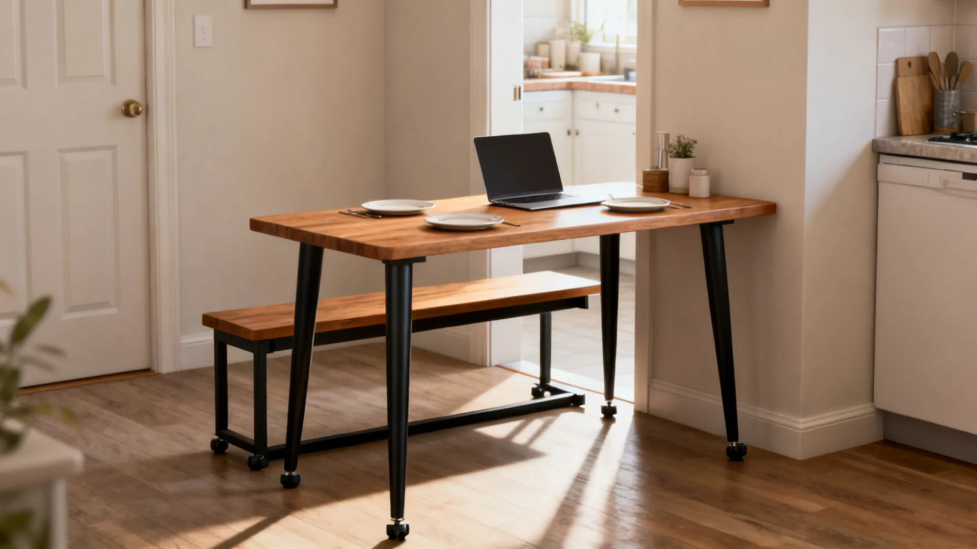 Slim café bench with narrow table creates a tidy nook in a small kitchen.