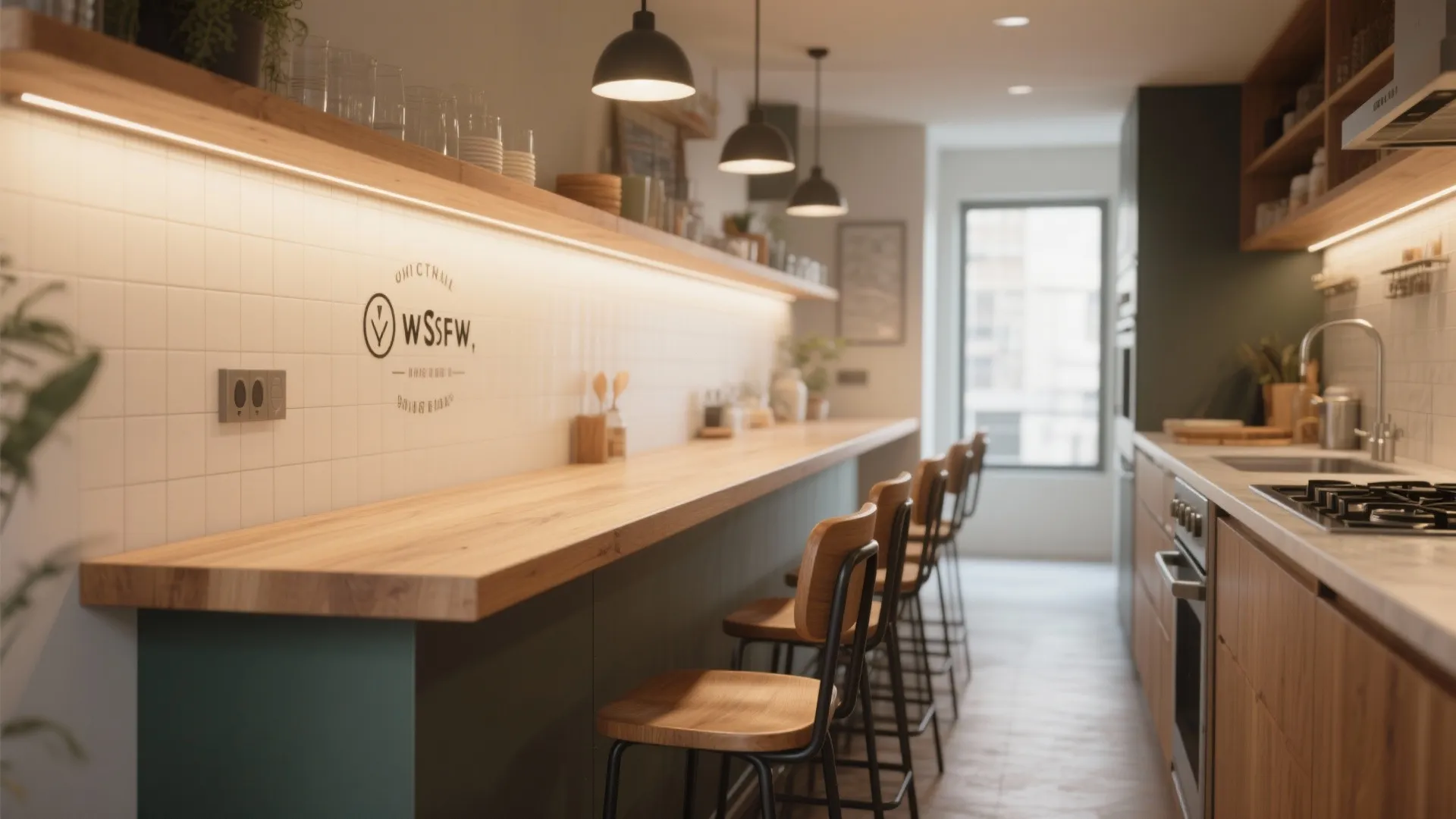 Long wooden breakfast bar with four stools and black ceiling lights in a narrow kitchen