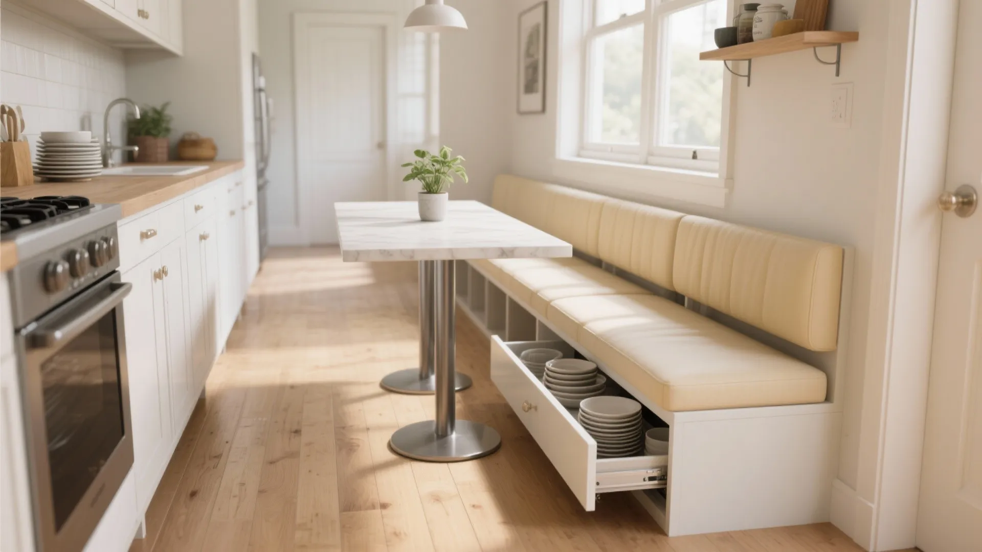 Long beige kitchen bench with storage drawer filled with plates next to white marble table