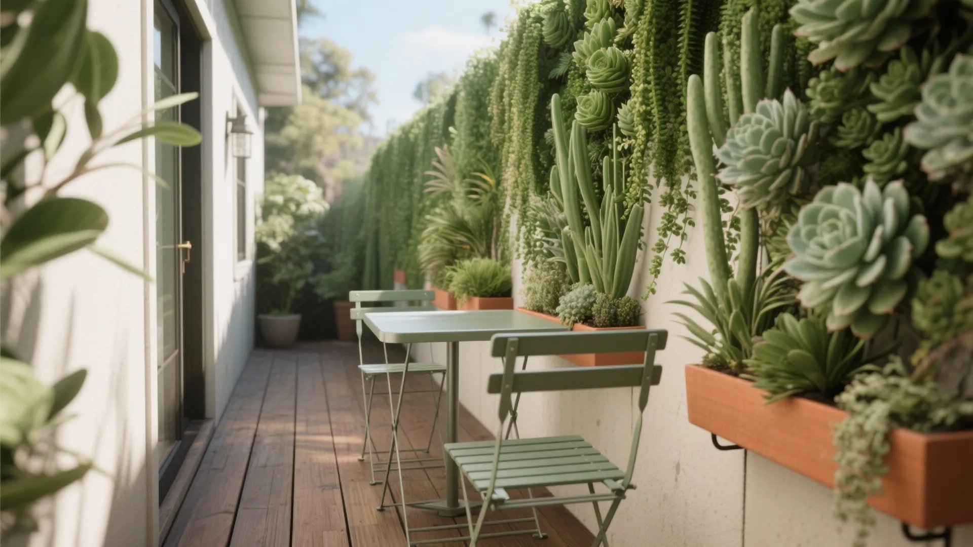 Narrow balcony with wood floor green metal table chairs and many hanging succulent plants on wall
