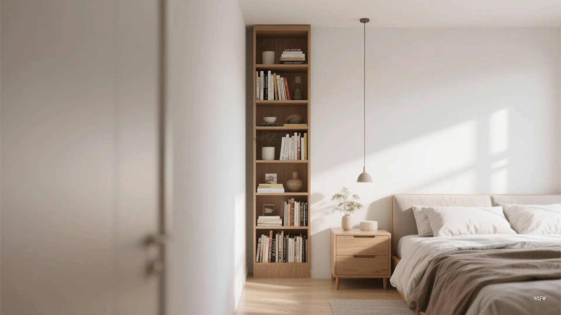 Tall wooden bookshelf filled with books next to bed in a bright modern minimalist bedroom