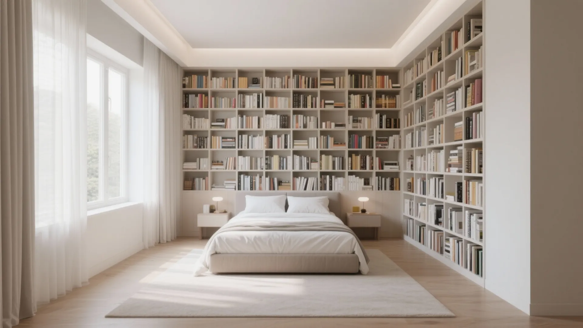 Tall narrow bookshelves adding storage without taking floor space